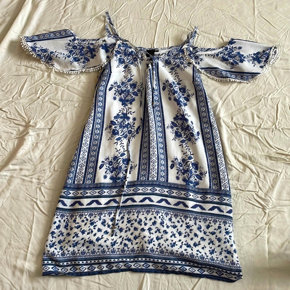 Blue and white floral mini dress